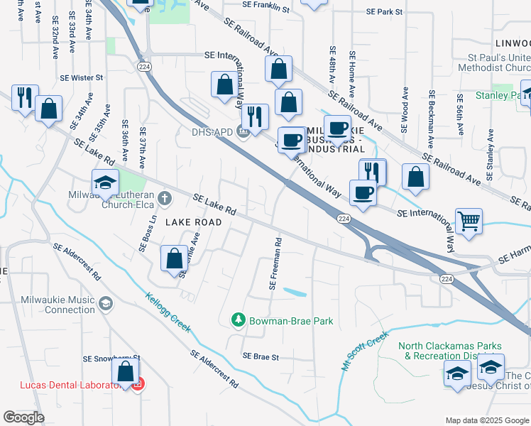 map of restaurants, bars, coffee shops, grocery stores, and more near 12600 Freeman Way in Milwaukie