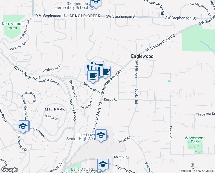 map of restaurants, bars, coffee shops, grocery stores, and more near 16398 Monroe Parkway in Lake Oswego
