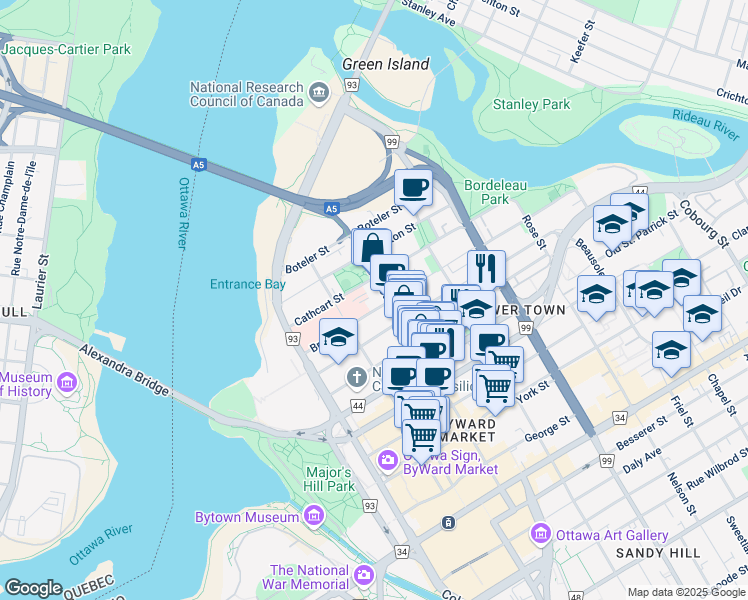 map of restaurants, bars, coffee shops, grocery stores, and more near in Ottawa