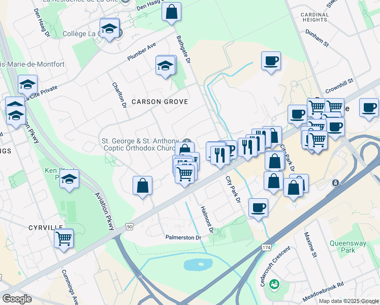map of restaurants, bars, coffee shops, grocery stores, and more near 1081 Cadboro Road in Ottawa