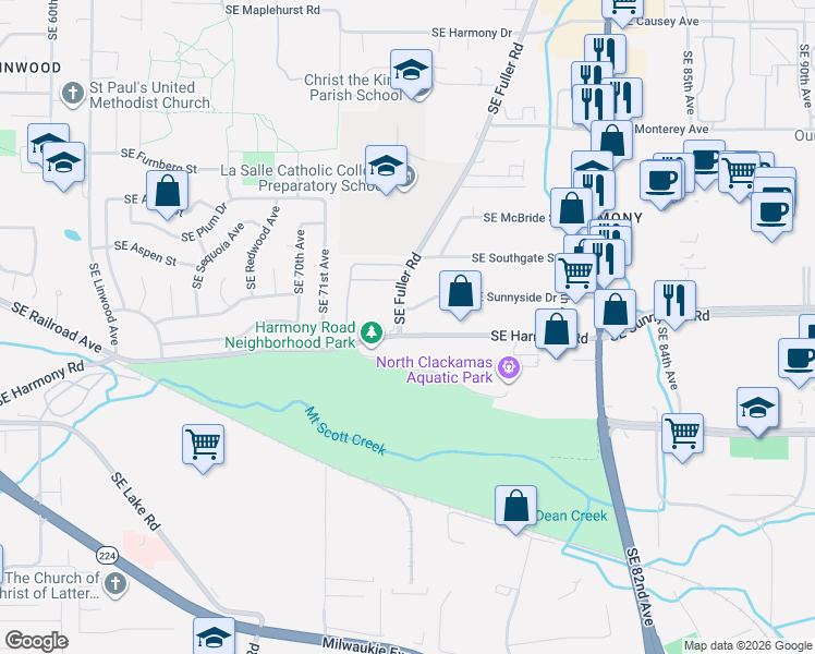 map of restaurants, bars, coffee shops, grocery stores, and more near 7511 Southeast Harmony Road in Milwaukie
