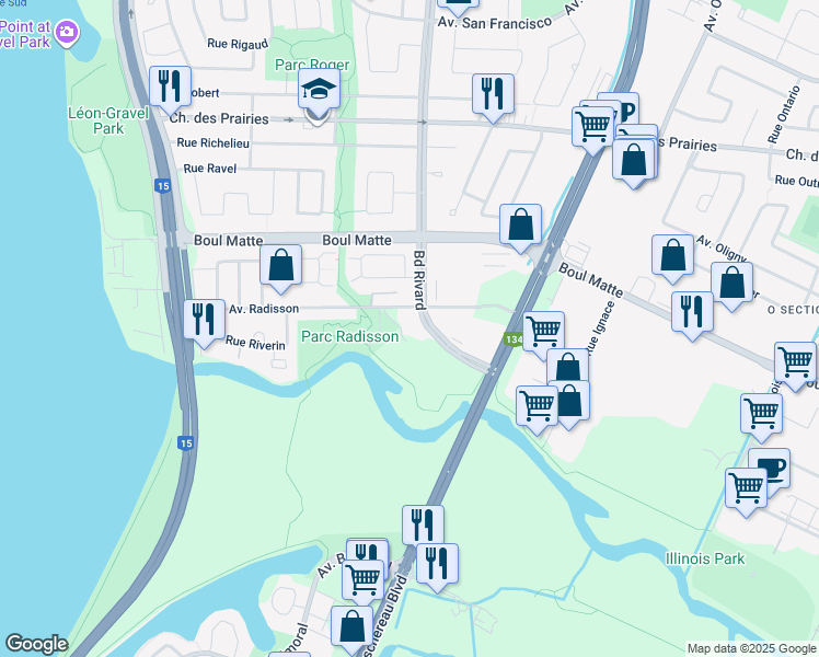 map of restaurants, bars, coffee shops, grocery stores, and more near 9520 Boulevard Rivard in Brossard