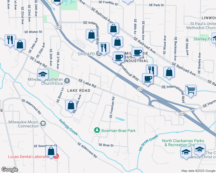 map of restaurants, bars, coffee shops, grocery stores, and more near 12600 Freeman Way in Milwaukie