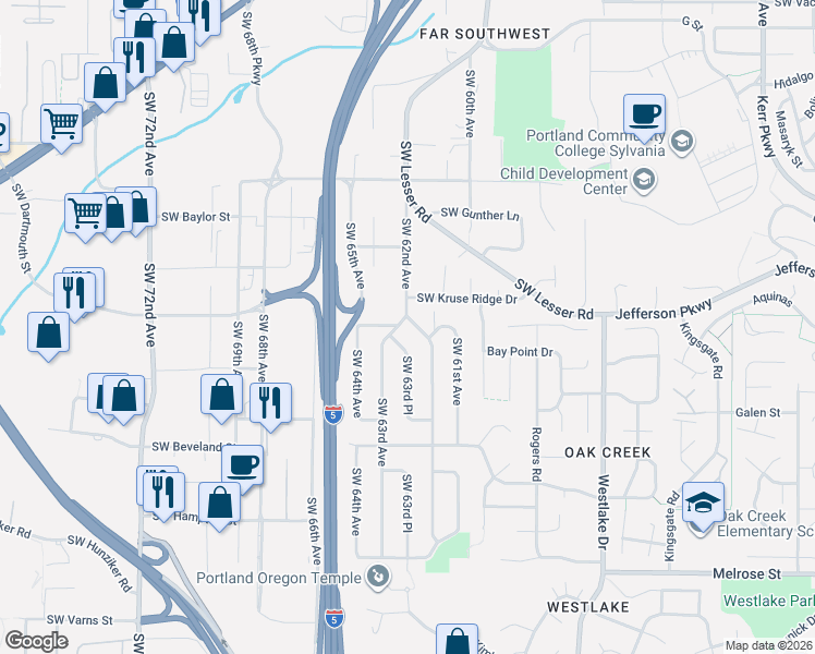 map of restaurants, bars, coffee shops, grocery stores, and more near 12870 Southwest 63rd Avenue in Portland