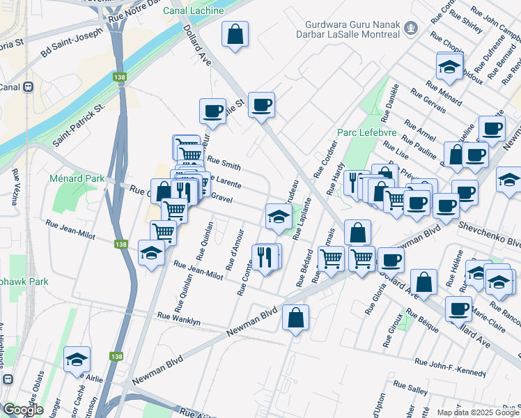 map of restaurants, bars, coffee shops, grocery stores, and more near 207 Rue Gravel in Montreal