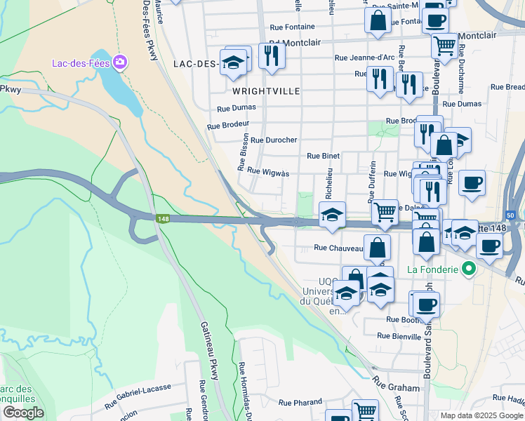 map of restaurants, bars, coffee shops, grocery stores, and more near 20 Rue Rouleau in Gatineau
