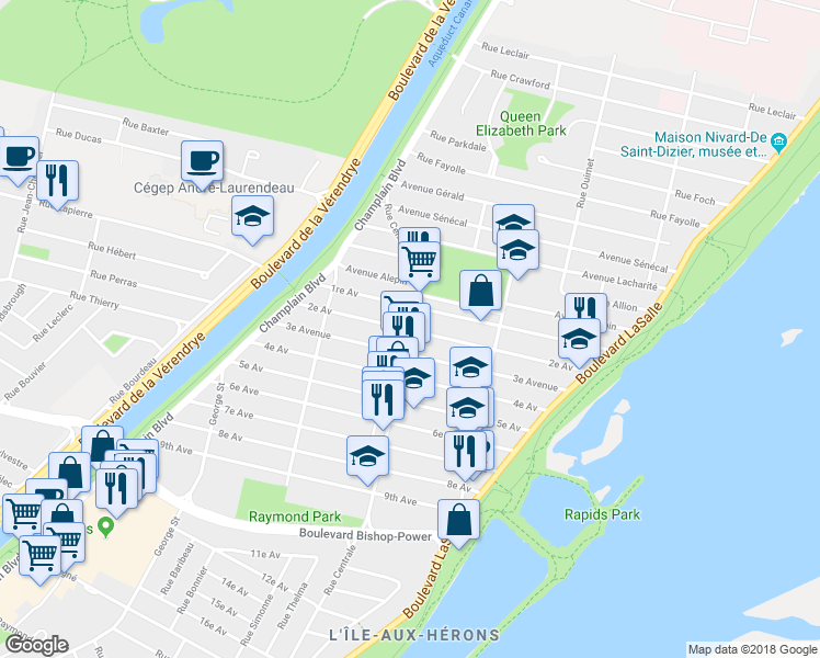 map of restaurants, bars, coffee shops, grocery stores, and more near 7587 Rue Centrale in Montreal