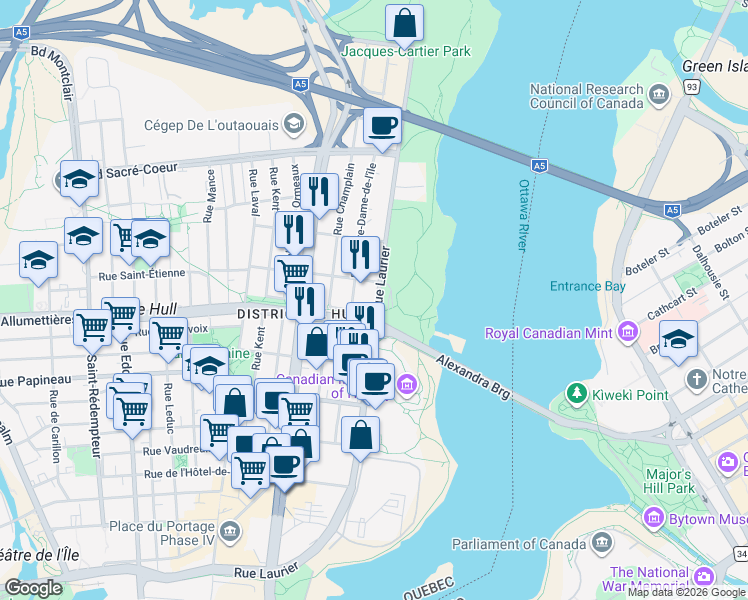 map of restaurants, bars, coffee shops, grocery stores, and more near 125 Laurier Street in Gatineau