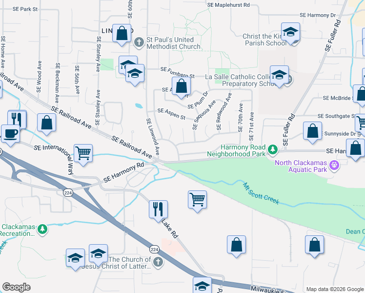 map of restaurants, bars, coffee shops, grocery stores, and more near 6506 Southeast Hemlock Street in Milwaukie