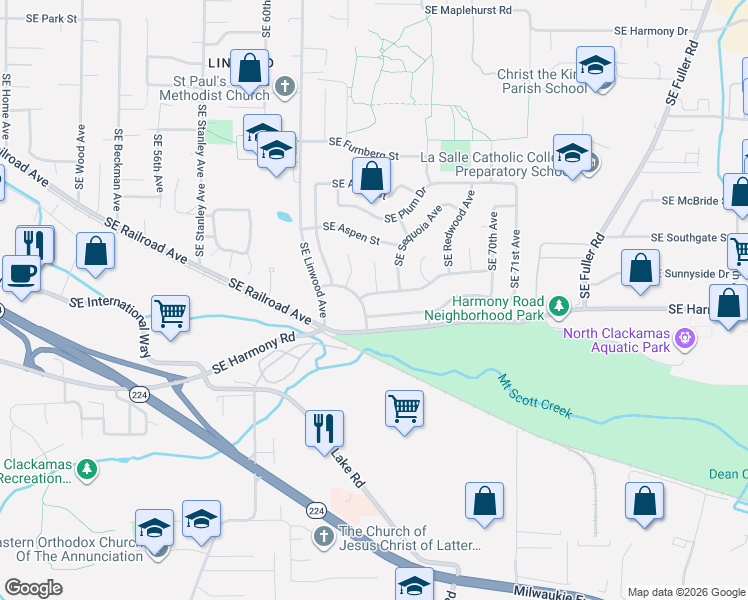 map of restaurants, bars, coffee shops, grocery stores, and more near 6506 Southeast Hemlock Street in Milwaukie