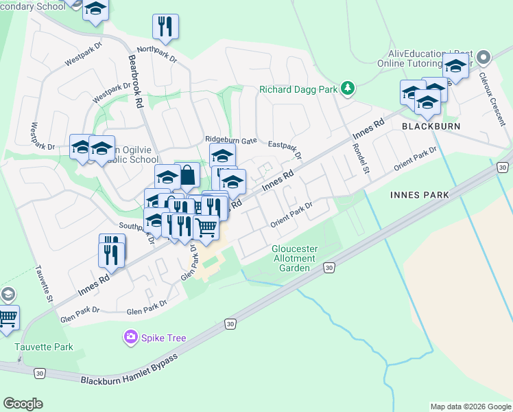 map of restaurants, bars, coffee shops, grocery stores, and more near 2169 Orient Park Drive in Ottawa