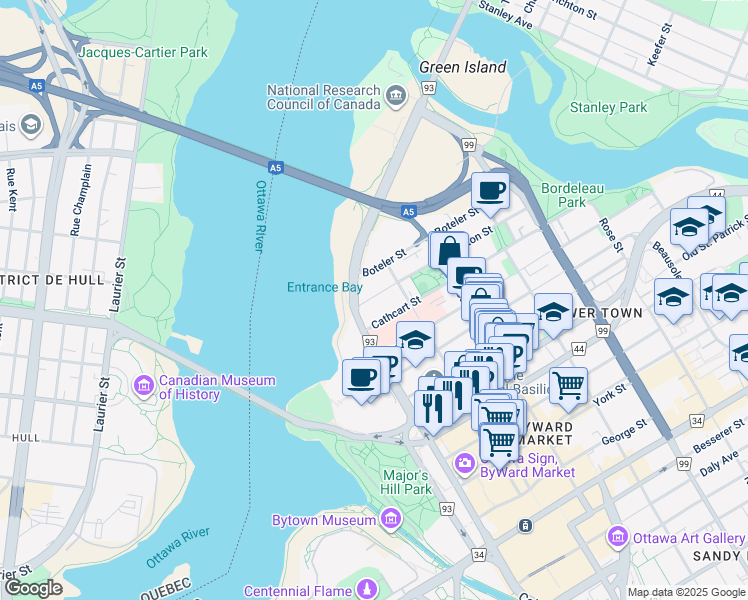 map of restaurants, bars, coffee shops, grocery stores, and more near 48 Bolton Street in Ottawa