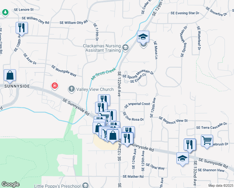 map of restaurants, bars, coffee shops, grocery stores, and more near 12260 Southeast 122nd Avenue in Happy Valley