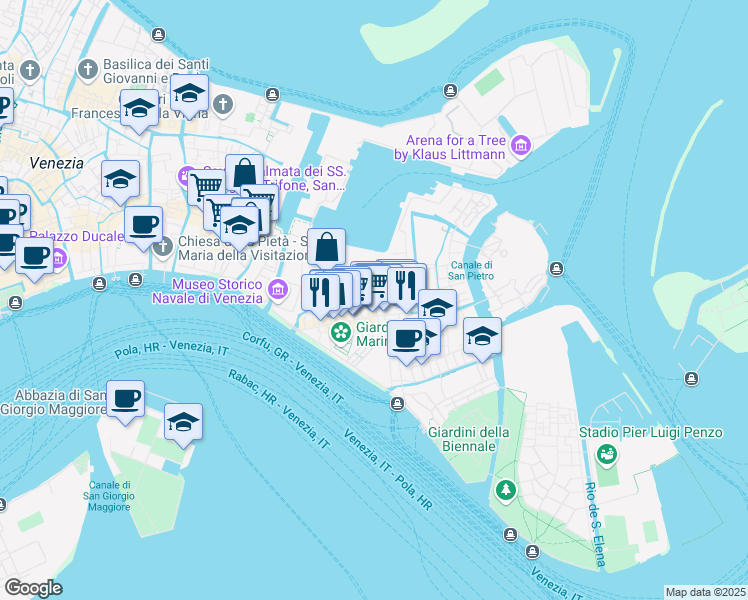 map of restaurants, bars, coffee shops, grocery stores, and more near Calle San Francesco di Paola in Venezia