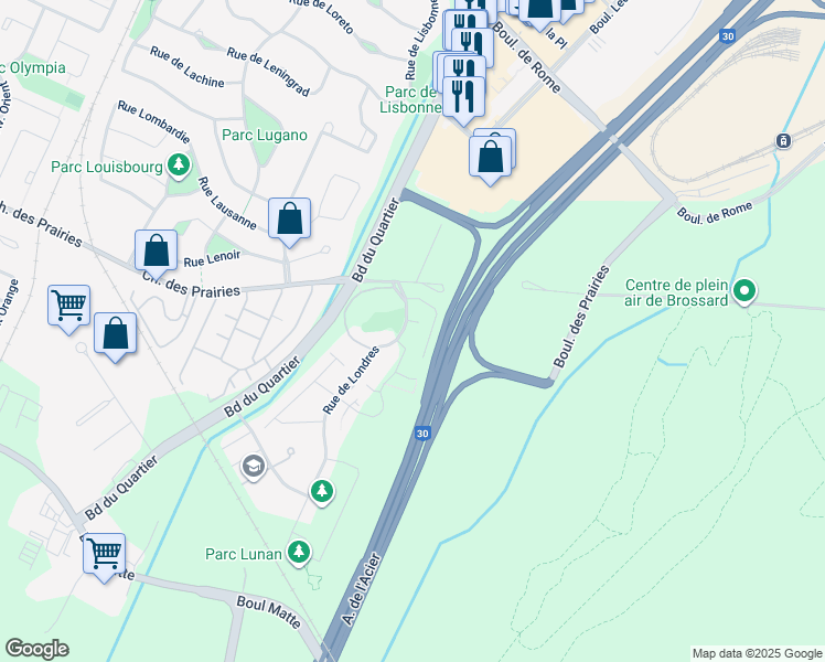 map of restaurants, bars, coffee shops, grocery stores, and more near 8055 Rue de Londres in Brossard