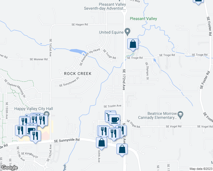 map of restaurants, bars, coffee shops, grocery stores, and more near 16957 Southeast Katmai Court in Happy Valley
