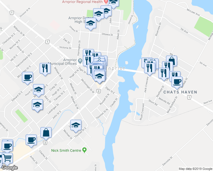 map of restaurants, bars, coffee shops, grocery stores, and more near 12 Elgin Street East in Arnprior