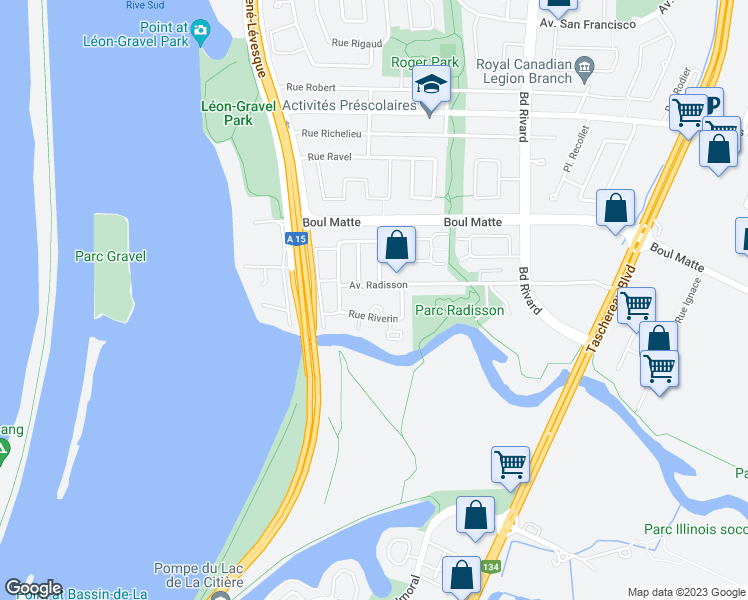 map of restaurants, bars, coffee shops, grocery stores, and more near 9685 Rue Riverin in Brossard