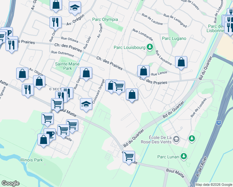 map of restaurants, bars, coffee shops, grocery stores, and more near 3850 Place de Java in Brossard
