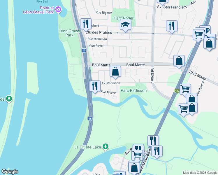 map of restaurants, bars, coffee shops, grocery stores, and more near 9685 Rue Riverin in Brossard