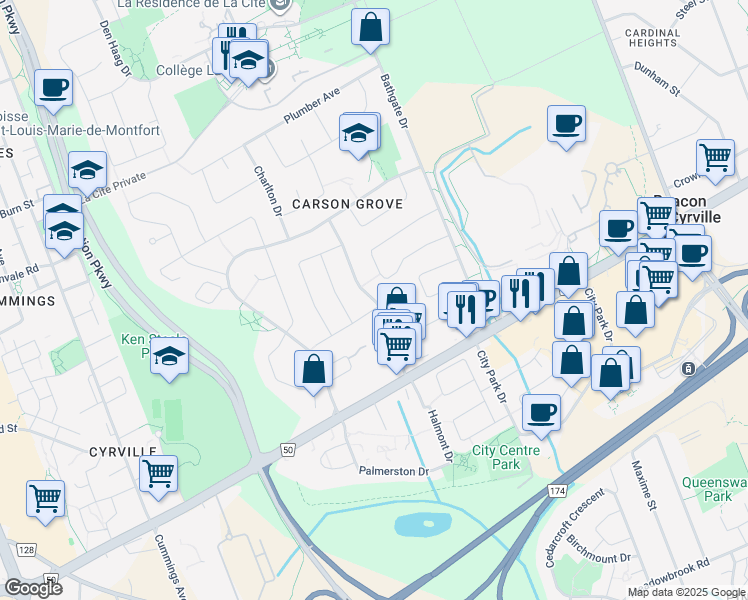 map of restaurants, bars, coffee shops, grocery stores, and more near Cadboro Road in Ottawa