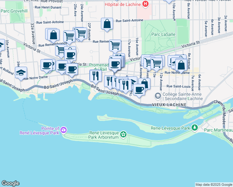 map of restaurants, bars, coffee shops, grocery stores, and more near 1800 Boulevard Saint Joseph in Montreal