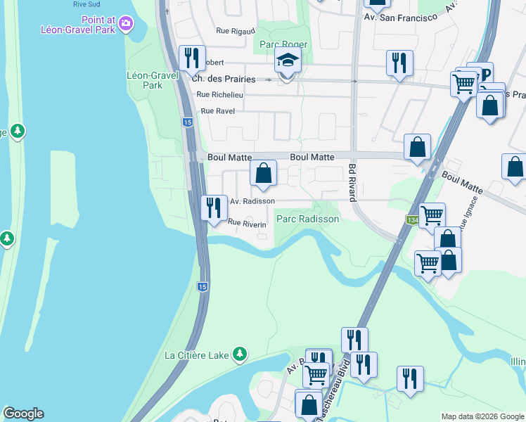 map of restaurants, bars, coffee shops, grocery stores, and more near 9935 Rue Riverin in Brossard