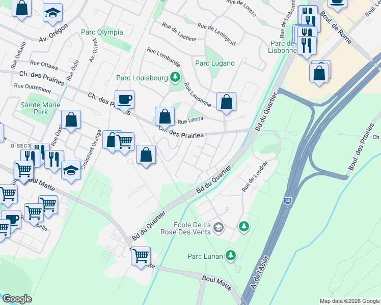 map of restaurants, bars, coffee shops, grocery stores, and more near 8760 Croissant du Louvre in Brossard
