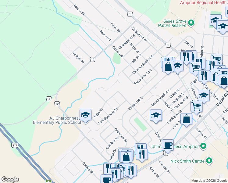map of restaurants, bars, coffee shops, grocery stores, and more near 233 Edey Street in Arnprior