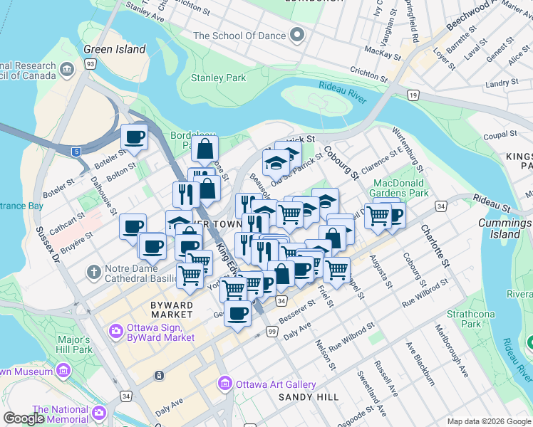 map of restaurants, bars, coffee shops, grocery stores, and more near 342 Murray Street in Ottawa