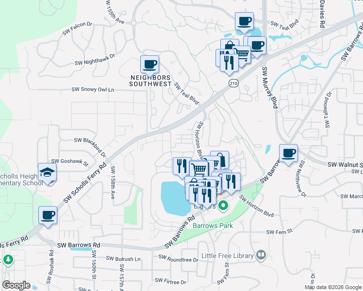 map of restaurants, bars, coffee shops, grocery stores, and more near 15171 Southwest Canyon Wren Way in Beaverton