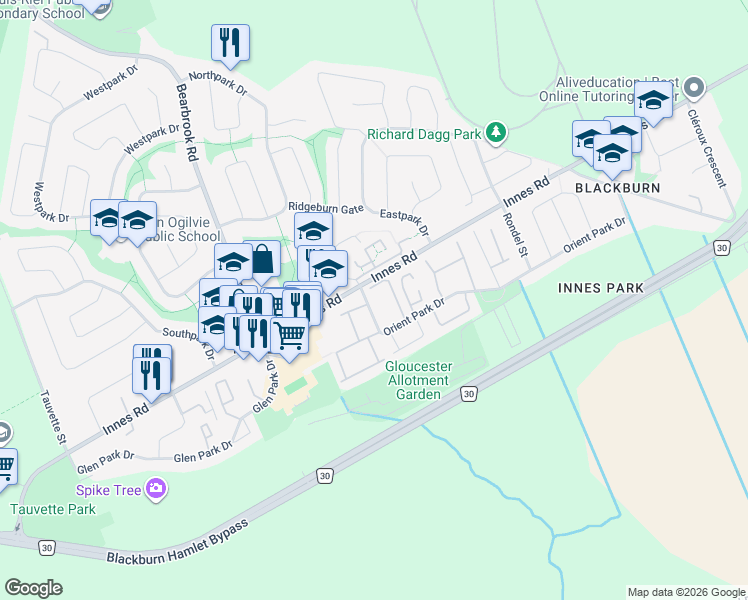 map of restaurants, bars, coffee shops, grocery stores, and more near 2280 Orient Park Drive in Ottawa
