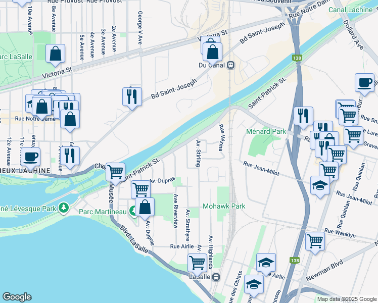 map of restaurants, bars, coffee shops, grocery stores, and more near 275 Beauchamp Street in Montreal
