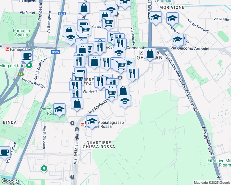 map of restaurants, bars, coffee shops, grocery stores, and more near 25 Via Roberto Sarfatti in Milano