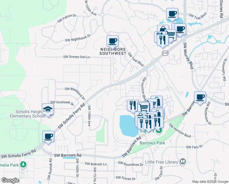 map of restaurants, bars, coffee shops, grocery stores, and more near 15480 Southwest Bunting Street in Beaverton