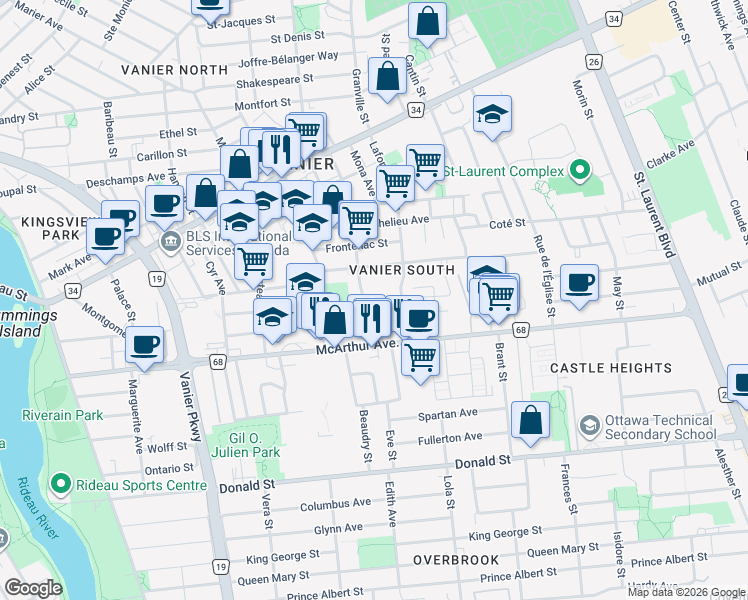 map of restaurants, bars, coffee shops, grocery stores, and more near 349 Lacasse Avenue in Ottawa
