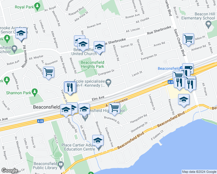 map of restaurants, bars, coffee shops, grocery stores, and more near 215 Avenue Elm in Beaconsfield