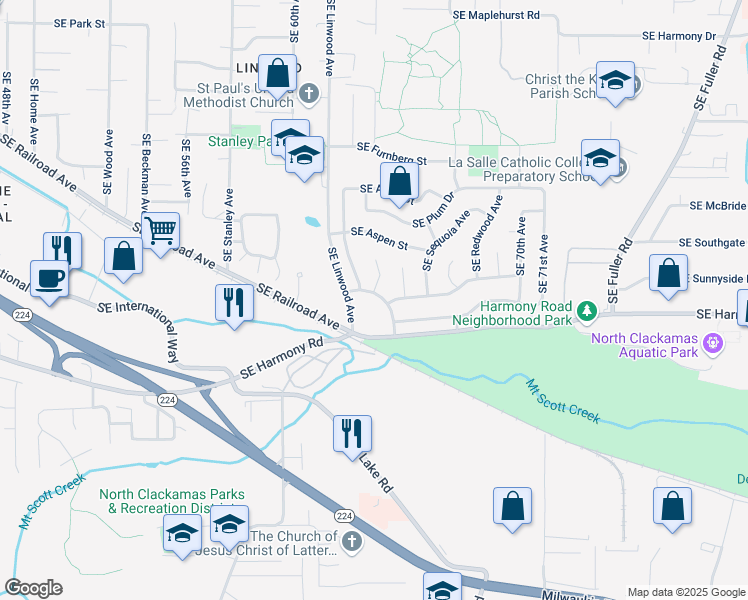 map of restaurants, bars, coffee shops, grocery stores, and more near 12326 Southeast Juniper Street in Milwaukie