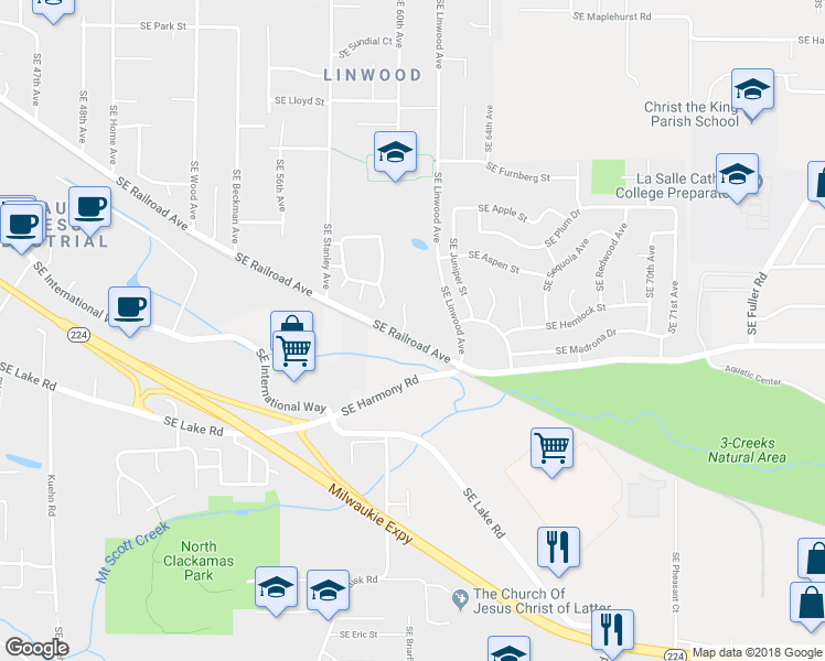 map of restaurants, bars, coffee shops, grocery stores, and more near 12425 Southeast 60th Court in Milwaukie