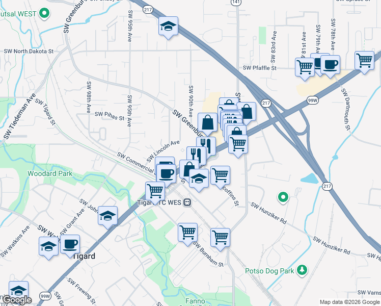 map of restaurants, bars, coffee shops, grocery stores, and more near 8945 Southwest Center Street in Tigard