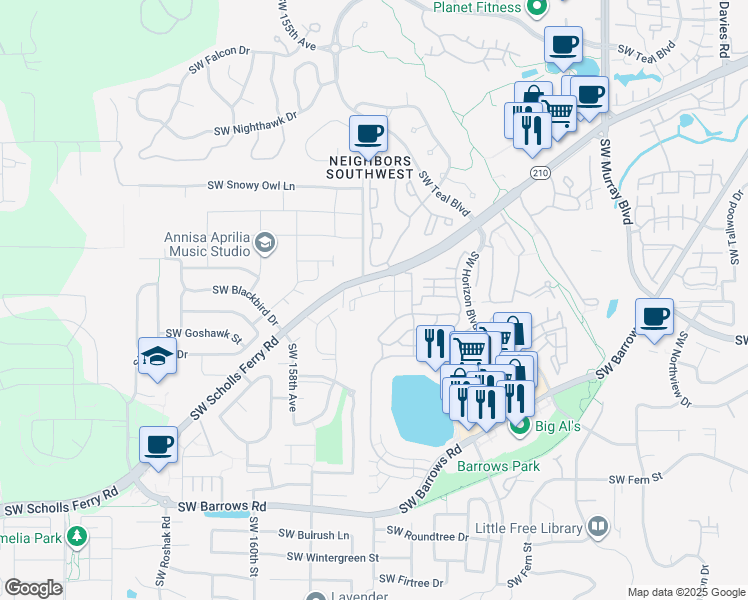map of restaurants, bars, coffee shops, grocery stores, and more near 15536 Southwest Scholls Ferry Road in Beaverton