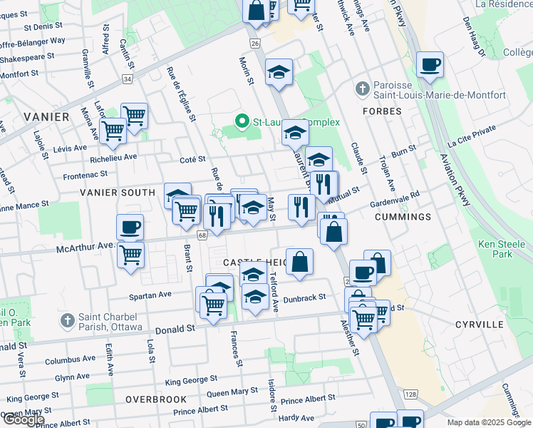 map of restaurants, bars, coffee shops, grocery stores, and more near in Ottawa