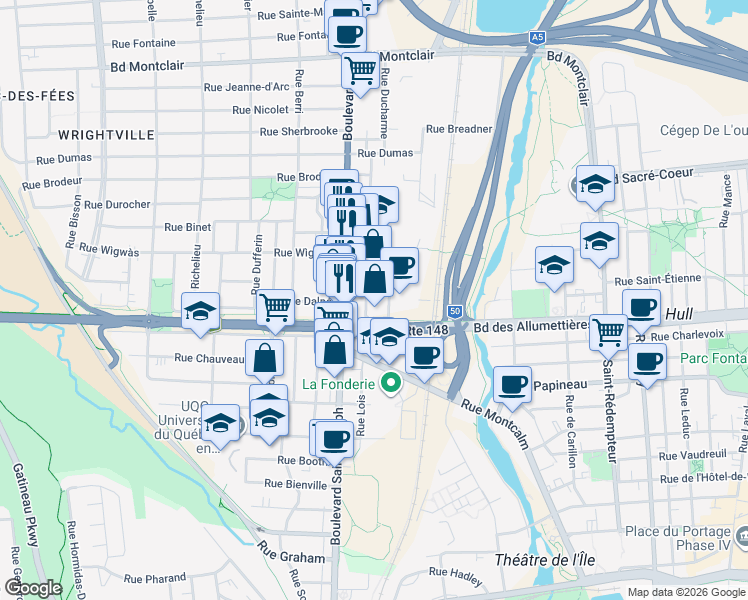 map of restaurants, bars, coffee shops, grocery stores, and more near 87 Rue Lois in Gatineau