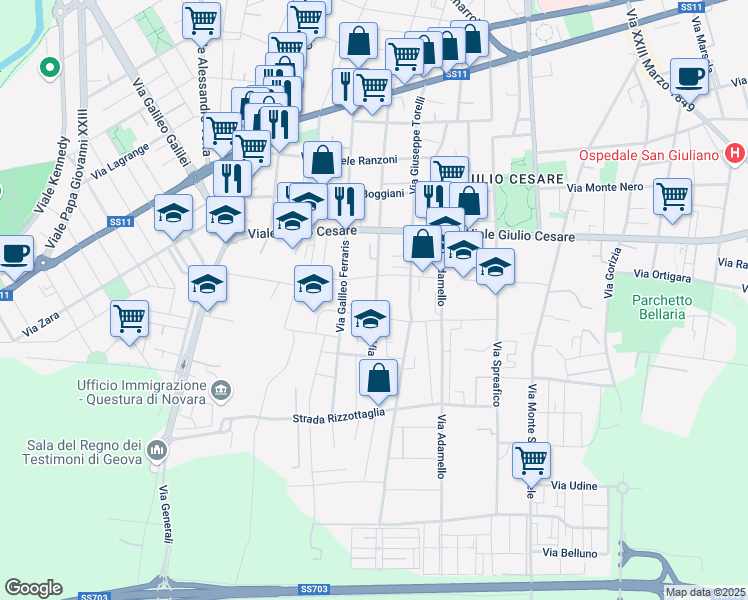 map of restaurants, bars, coffee shops, grocery stores, and more near 50 Via Crespi in Novara
