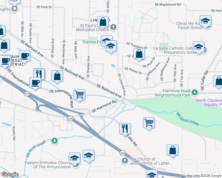 map of restaurants, bars, coffee shops, grocery stores, and more near 12425 Southeast 60th Court in Milwaukie