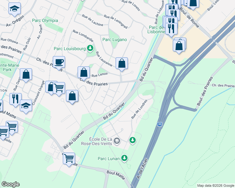 map of restaurants, bars, coffee shops, grocery stores, and more near 9035 Rue le Corbusier in Brossard