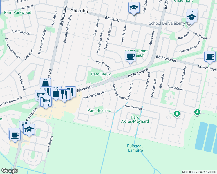 map of restaurants, bars, coffee shops, grocery stores, and more near 1370 Rue de Niverville in Chambly