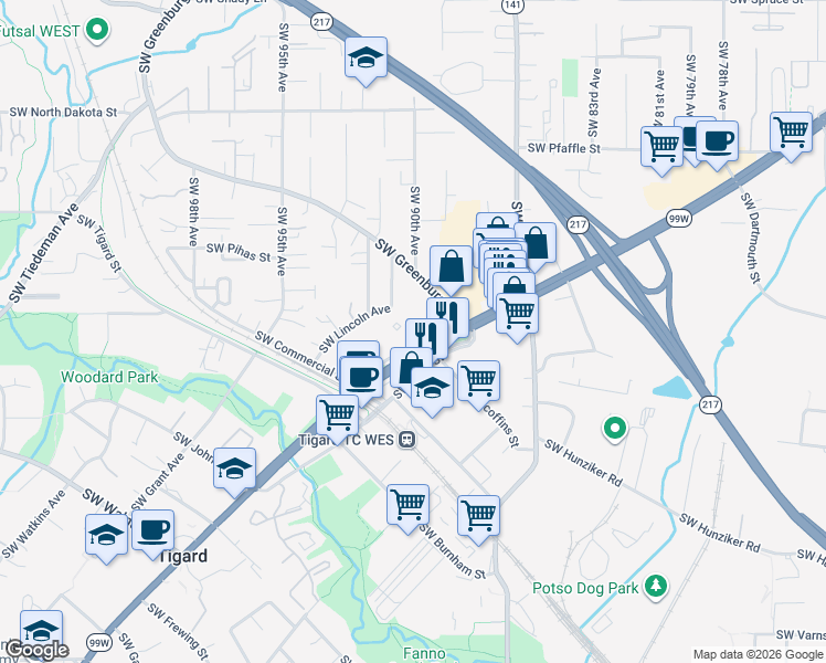 map of restaurants, bars, coffee shops, grocery stores, and more near 8945 Southwest Center Street in Tigard