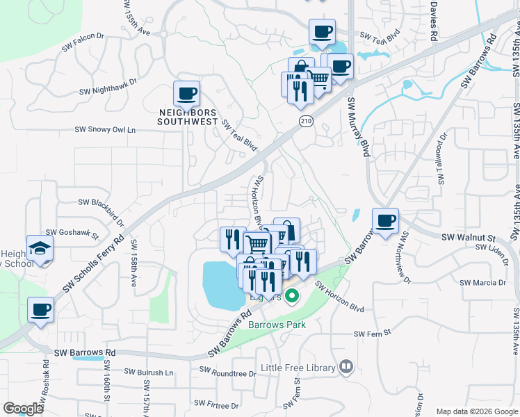 map of restaurants, bars, coffee shops, grocery stores, and more near 12050 Southwest Horizon Boulevard in Beaverton
