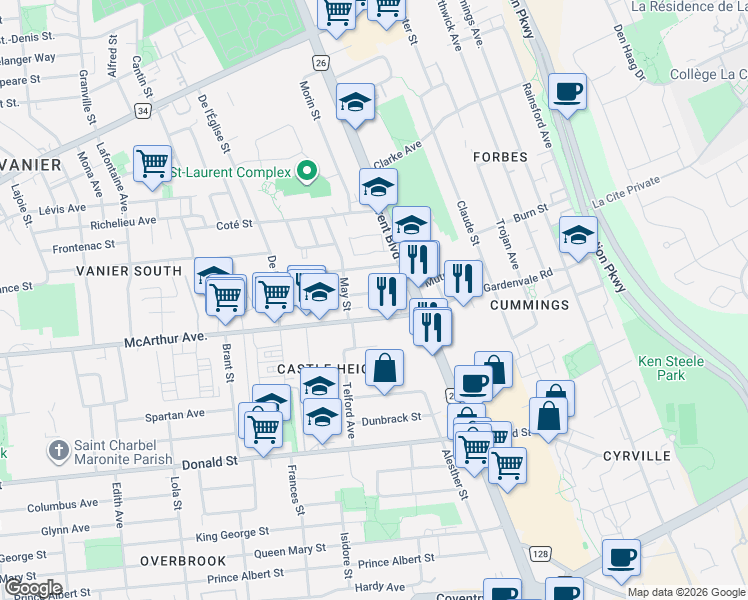 map of restaurants, bars, coffee shops, grocery stores, and more near in Ottawa